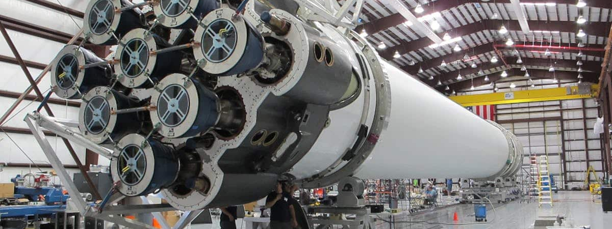 Assembly of a rocket core at an aerospace factory.